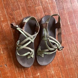 Green double toe strap chacos